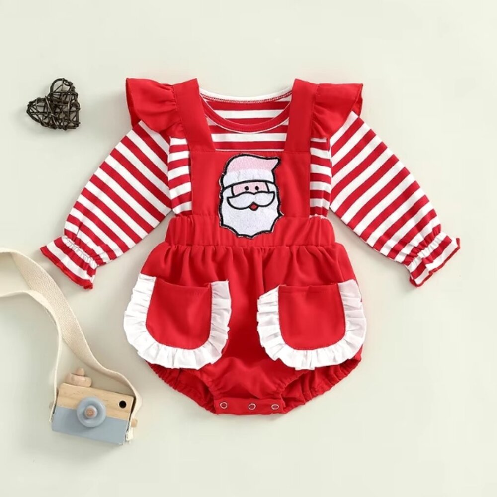 Christmas Santa Shirt & Romper Jumpsuit Baby Girls Outfit Set